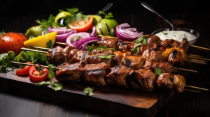 Succulent Lamb Tikka Shashlik skewers with charred edges, marinated in aromatic spices and grilled alongside vibrant peppers and onions